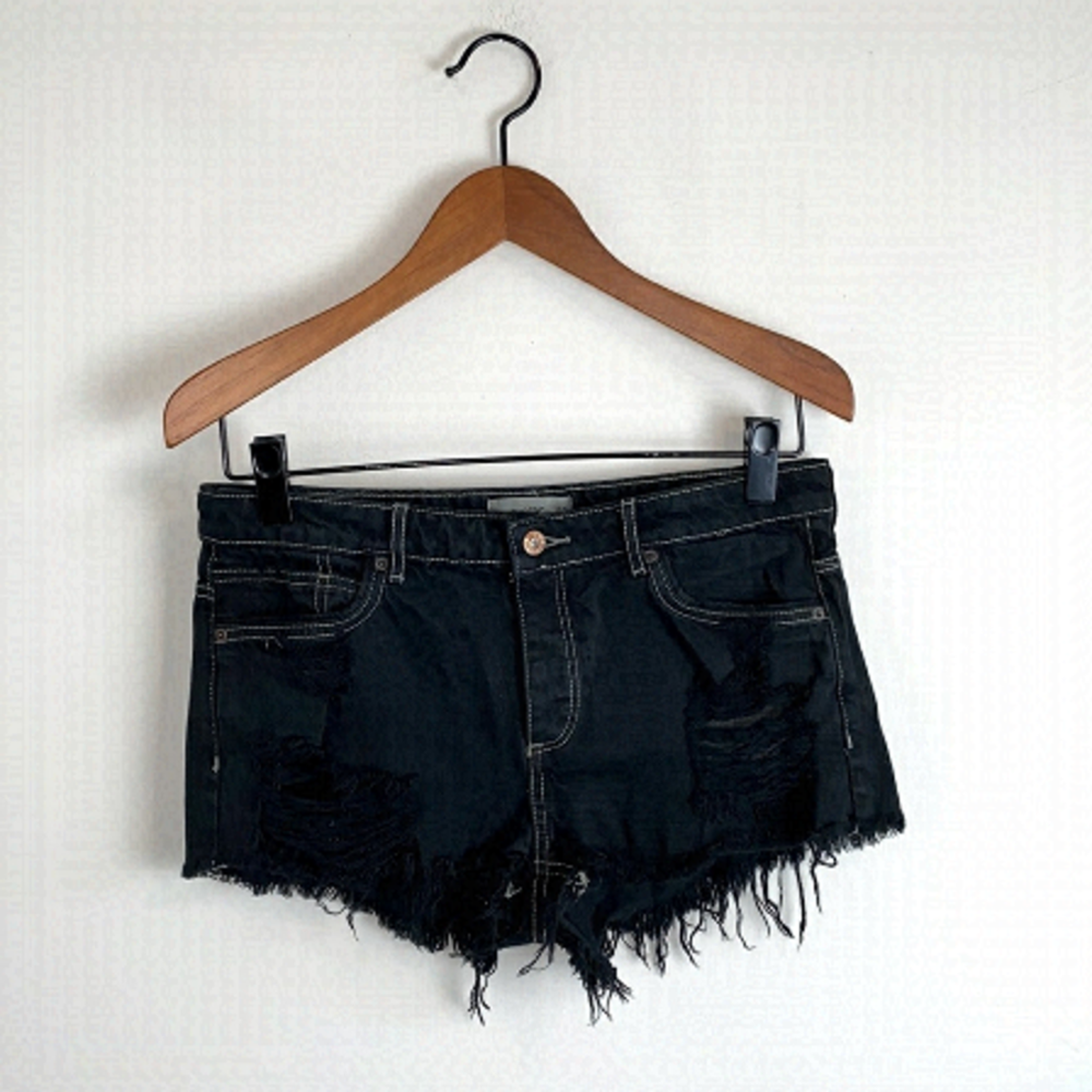 Mango Tokyo High Waisted Distressed Shorts Black With Contrast Stitching Tan